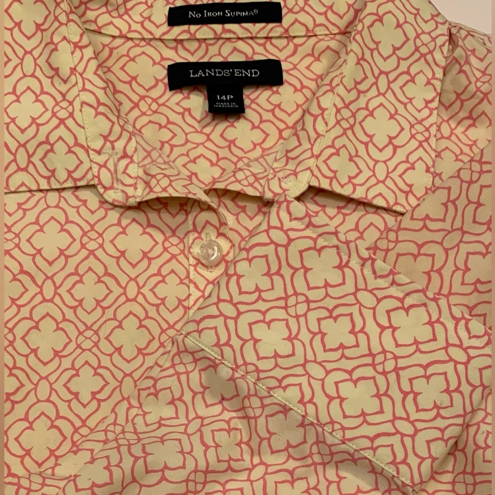 Lands’End No Iron Long Sleeve Botton Down Shirt Size 14P. Yellow & Pink